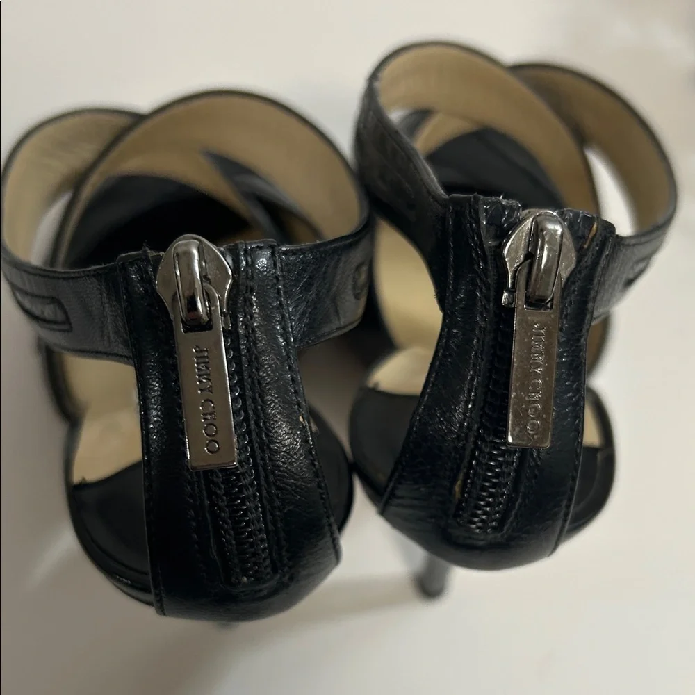 Jimmy Choo Black Patent Leather Strappy Peep-Toe Heels